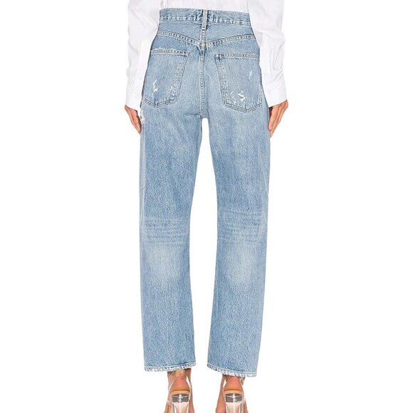 Agolde 90's Mid Rise Loose Fit Distressed Straight Leg Jeans In Fall Out Blue 23 - Picture 1 of 9
